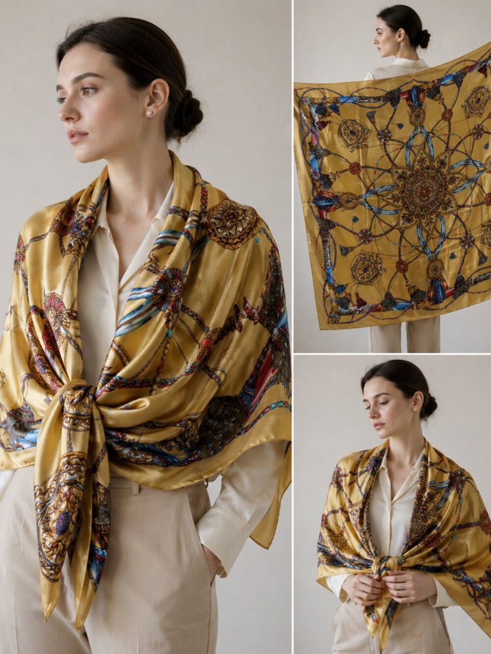 POLA 100% Silk Scarf Gold Ornate Baroque Tassel Design - Oversized 41.5" Square